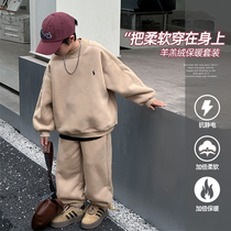 Boy winter clothing suit plus suede thickened autumn and winter style half high collar sweatshirt 2023 new children cashmere two sets