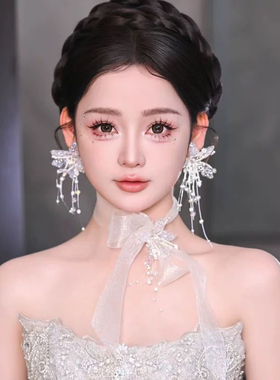 芸琪婚饰新款新娘头饰配饰侧边耳夹飘带减龄超仙森系礼服晨袍白纱
