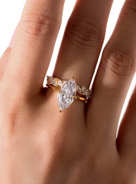 S925银镶马眼莫桑石双环叠戴戒指女金色简约爆款轻奢风气质日常