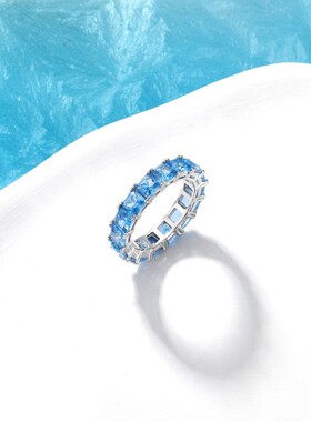 海蓝宝排指女小众轻奢杨紫同款满排浅蓝方糖排戒925银新款人气