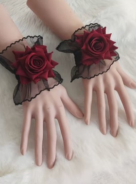暗黑系lolita罗莉塔蕾丝手腕套手袖女酒红色玫瑰花礼服袖套