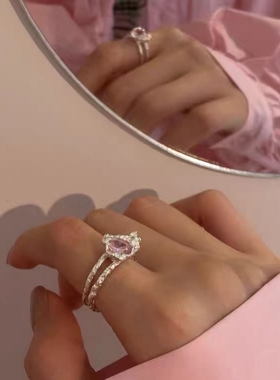 可爱到发芽~戒指日韩轻奢小众精致爱心食指戒潮韩国ins女2022新款