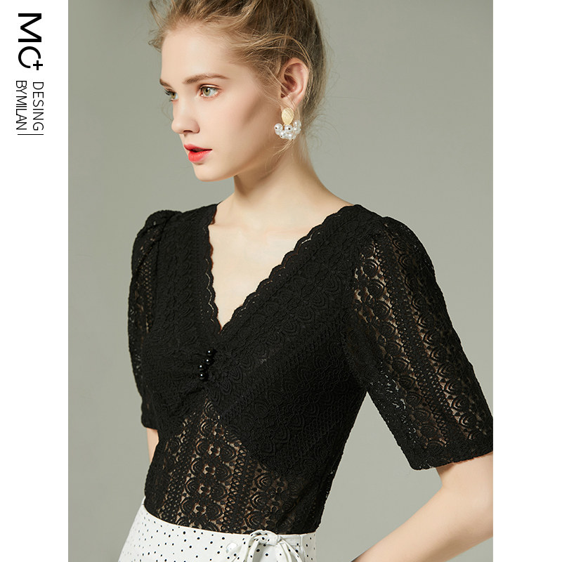 洋气低领蕾丝女2020新款设计感小衫 沫加蕾丝衫/雪纺衫