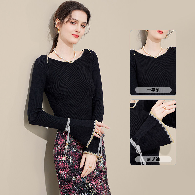 一字领毛衣上衣女2025秋季新品喇叭袖港风修身显瘦针织打底衫内搭,淘宝优惠券,粉丝福利购,淘宝优惠卷