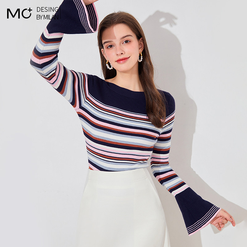 2025秋季新品修身条纹一字领打底衫洋气喇叭袖针织衫毛衣女短款,淘宝优惠券,粉丝福利购,淘宝优惠卷