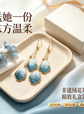 蓝白非遗绒花耳饰江山中式汉服耳坠复古国风耳环旗袍03