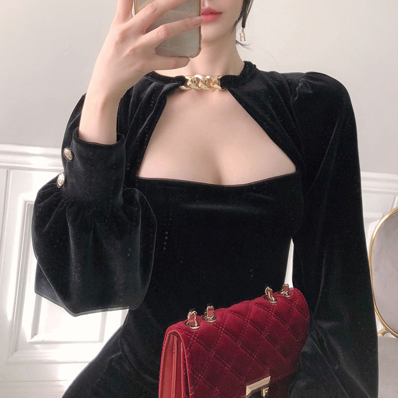 加大码女装2022秋冬名媛丝绒连衣裙 胖mm显瘦微胖性感深V包臀裙子