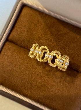 日系CherryKokoVintage中古镂空镶钻环环相扣戒指弹簧个性时尚