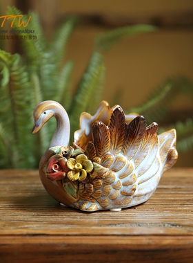 立体玫瑰天鹅陶瓷收纳笔筒花盆