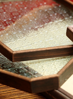 欧式复古木质海棠花玻璃翻盖收纳