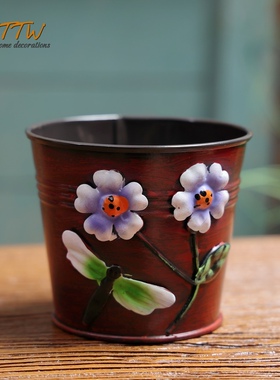 田园油画图案手工焊接铁皮花桶