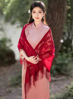春秋新款云肩旗袍披肩国风高档女士丝巾洋气百搭优雅风流苏披纱
