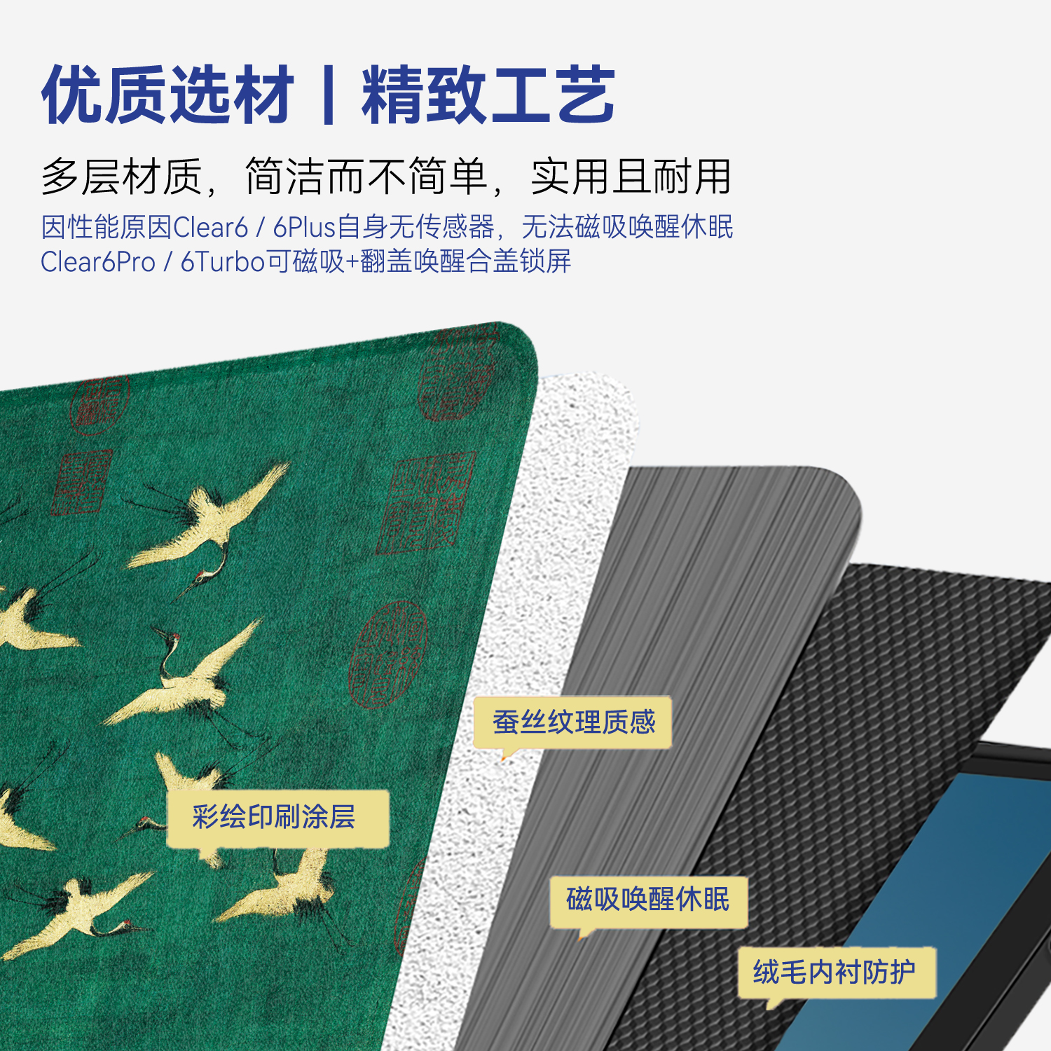 适用汉王clear 6plus保护套Clear6英寸Clear6pro磁吸唤醒电纸书智能保护壳中国风文艺翻盖蚕丝纹理便携套 - 图1