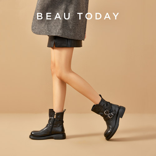 BeauToday厚底粗跟骑士靴女2025新款秋季英伦风马丁靴真皮短靴子 - 图2