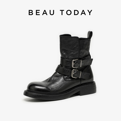 BeauToday厚底粗跟骑士靴女2025新款秋季英伦风马丁靴真皮短靴子 - 图0