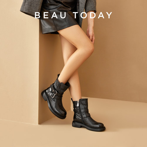 BeauToday厚底粗跟骑士靴女2025新款秋季英伦风马丁靴真皮短靴子 - 图1