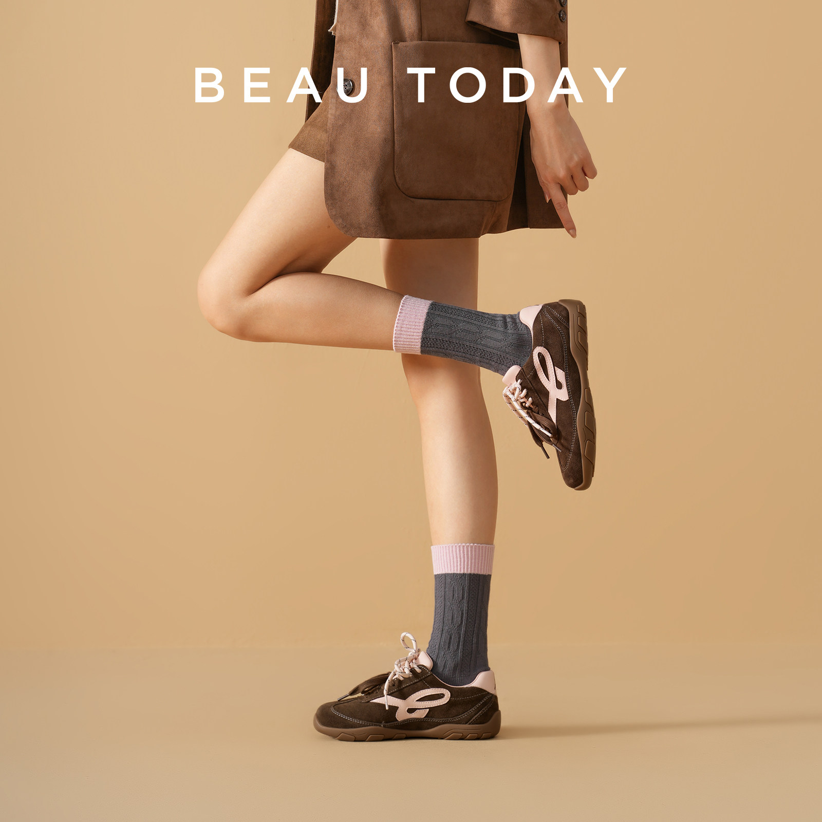 BeauToday平底德训鞋女杏色2026春季休闲运动鞋复古单鞋阿甘鞋子,淘宝优惠券,粉丝福利购,淘宝优惠卷