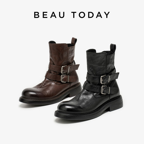 BeauToday厚底粗跟骑士靴女2025新款秋季英伦风马丁靴真皮短靴子 - 图3