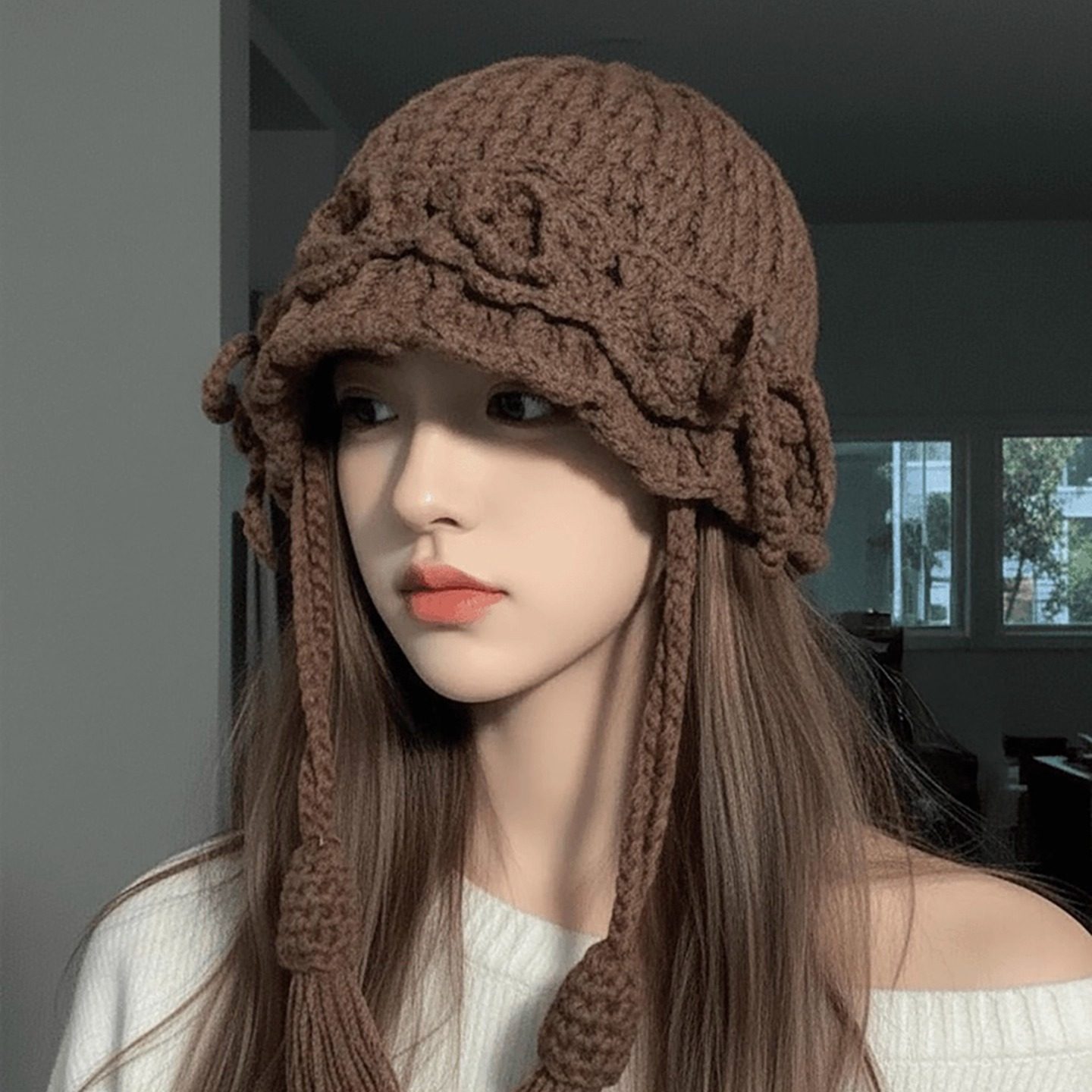 2025新款手工编织花朵辫子针织帽女复古保暖洋气百搭流苏毛线帽潮,淘宝优惠券,粉丝福利购,淘宝优惠卷
