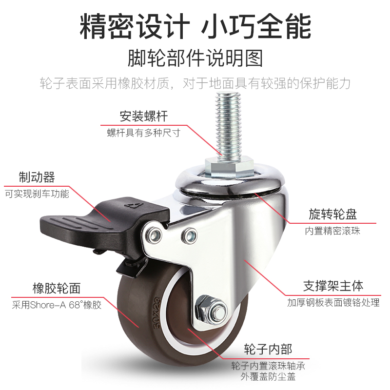 1寸1.5寸2寸静音脚轮带刹车万向轮橡胶轮丝杆螺丝脚轮家具滑轮子