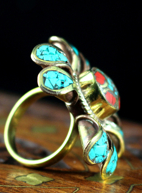 藏族黄铜民族风藏饰戒指手工镶石