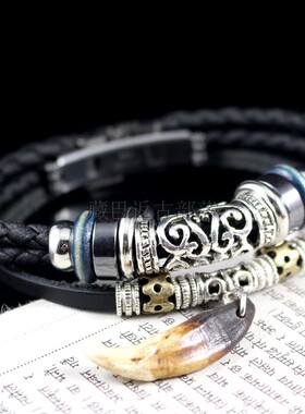 男士藏獒牙吊坠牛皮配饰手链