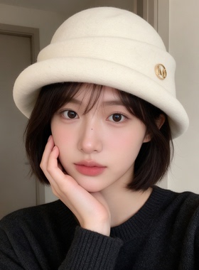 秋冬高级感M字母标羊毛呢礼帽女韩系卷边盆帽气质名媛黑色渔夫帽
