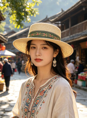 新款夏季遮阳帽女款遮阳草编平顶帽子户外民族风草帽百搭礼帽女
