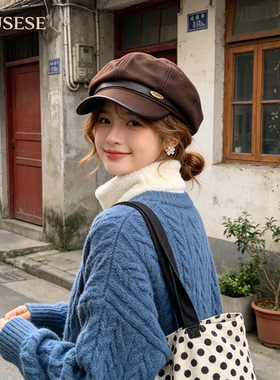 复古黑色皮带铭牌八角帽女毛呢报童帽韩系显脸小通勤百搭画家帽子