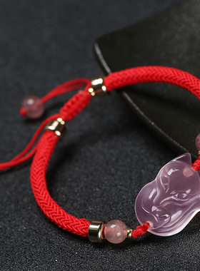 天然手链粉水晶狐狸女芙蓉石女