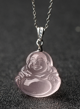 天然粉水晶弥勒佛项链