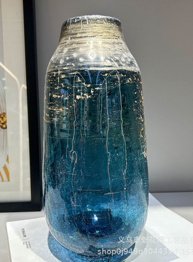 创意轻奢蓝色鎏金冰裂纹手工花瓶家居样板间办公室高级感装饰摆件