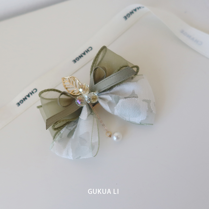 GUKUALI原创 抹茶系蝴蝶结水晶鸭嘴夹甜美少女后脑勺发夹发饰头饰 - 图1