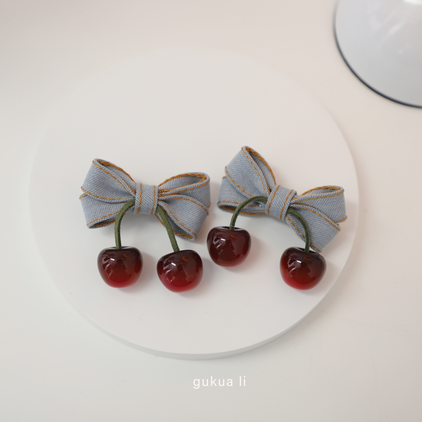 GUKUALI甜美头饰复古樱桃蝴蝶结发夹森系鸭嘴夹对夹侧边夹刘海夹 - 图2