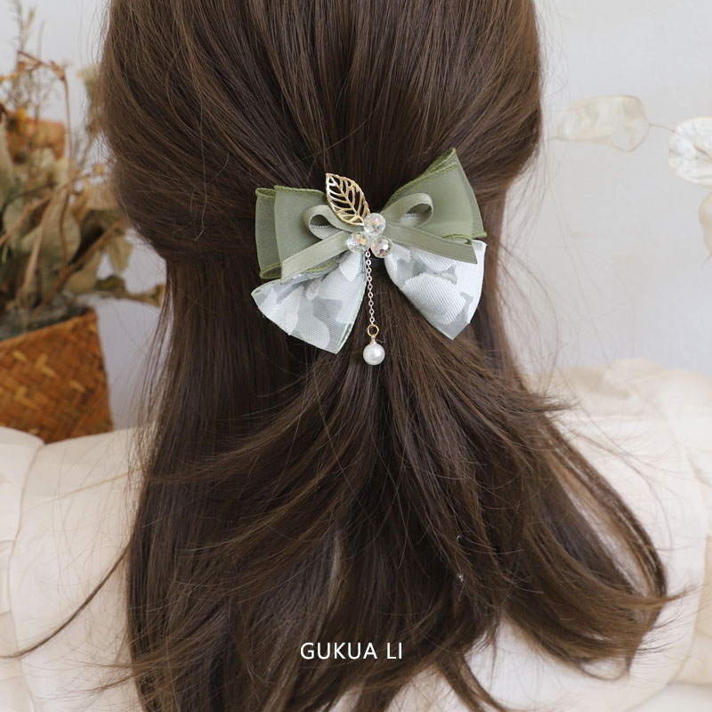 GUKUALI原创 抹茶系蝴蝶结水晶鸭嘴夹甜美少女后脑勺发夹发饰头饰 - 图0