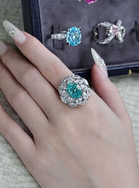 6克拉小众帕拉伊巴色彩色宝石戒指培育高碳钻S925银展会高级精致