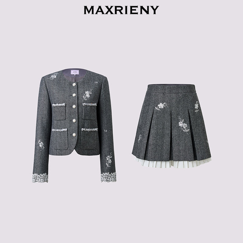 MAXRIENY格雷系穿搭羊毛外套学院风半裙两件套小香风灰色气质套装,淘宝优惠券,粉丝福利购,淘宝优惠卷