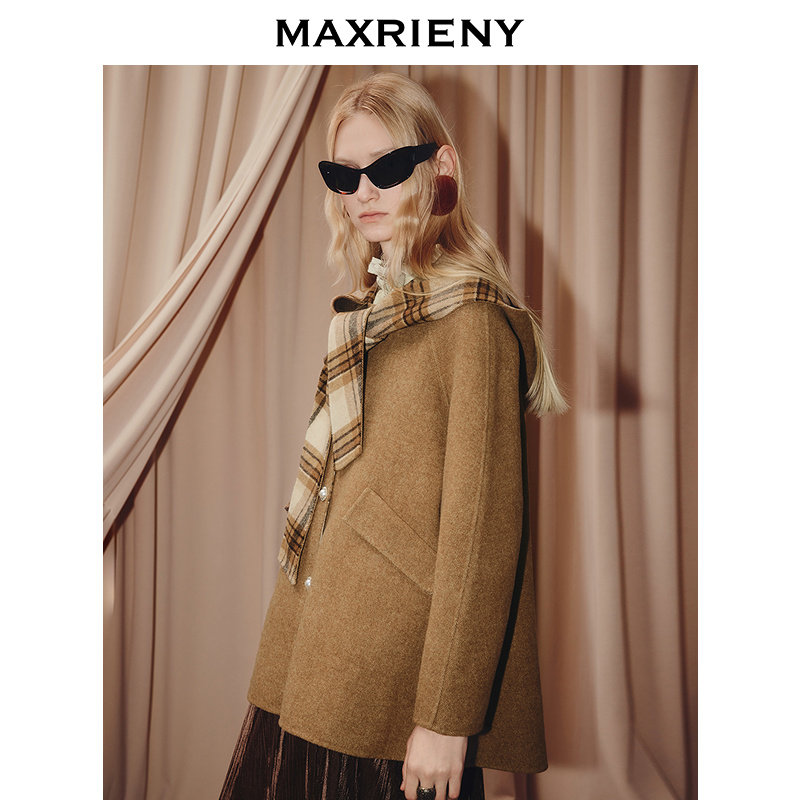 MAXRIENY格纹围巾领羊毛大衣25冬款乡村巴恩风穿搭H型廓形外套女,淘宝优惠券,粉丝福利购,淘宝优惠卷