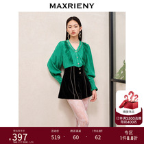 MAXRIENY retro palace windy snow-spinning cardiovert 2023 autumn winter new body slim v collar long sleeve blouses woman