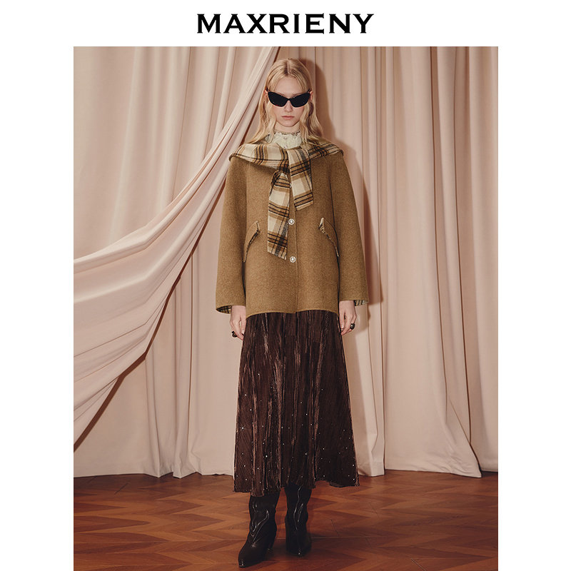 MAXRIENY格纹围巾领羊毛大衣25冬款乡村巴恩风穿搭H型廓形外套女,淘宝优惠券,粉丝福利购,淘宝优惠卷