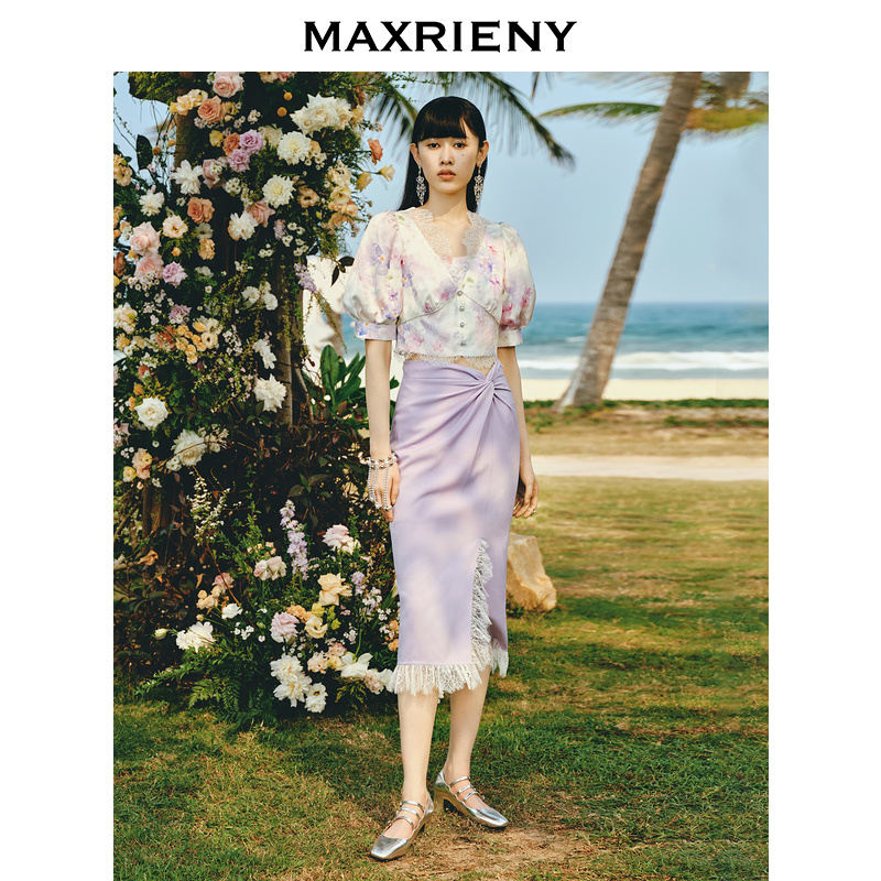 【浪漫当夏】MAXRIENY梦幻浪漫紫花卉套装夏V领雪纺衫甜美上衣女-图0