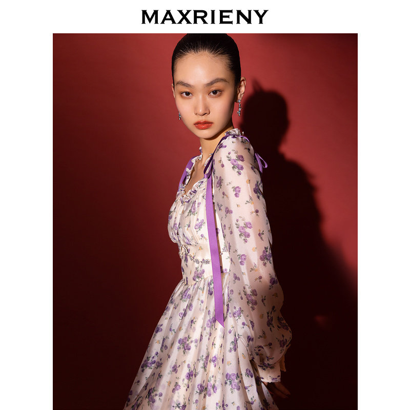 【紫玫瑰印花裙】MAXRIENY夏季商场同款甜美少女感蓬蓬连衣裙,淘宝优惠券,粉丝福利购,淘宝优惠卷