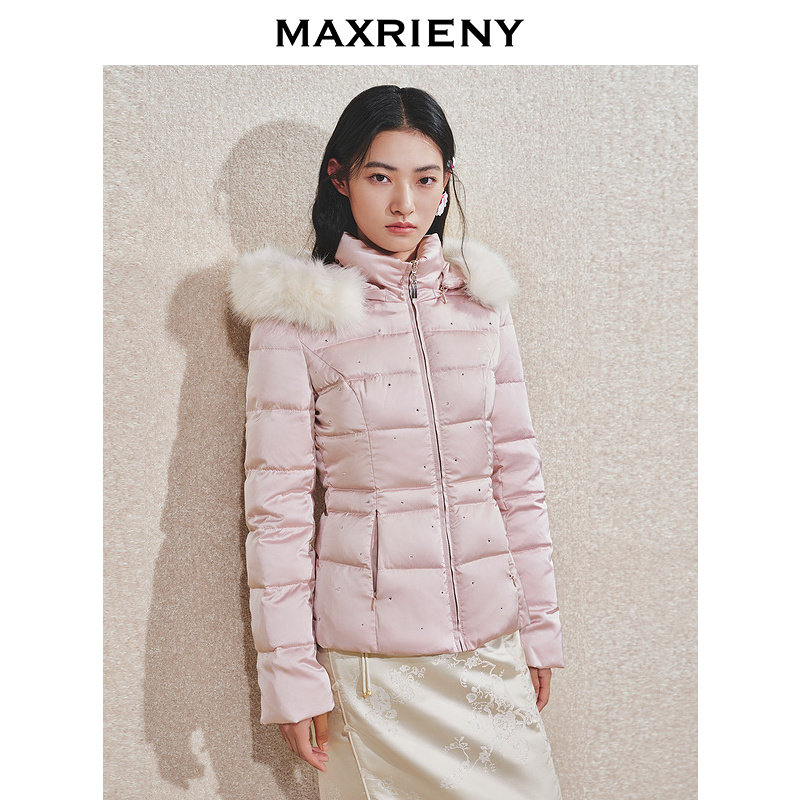 MAXRIENY精致优雅感羽绒服24冬新款毛领装饰收腰连帽保暖外套女