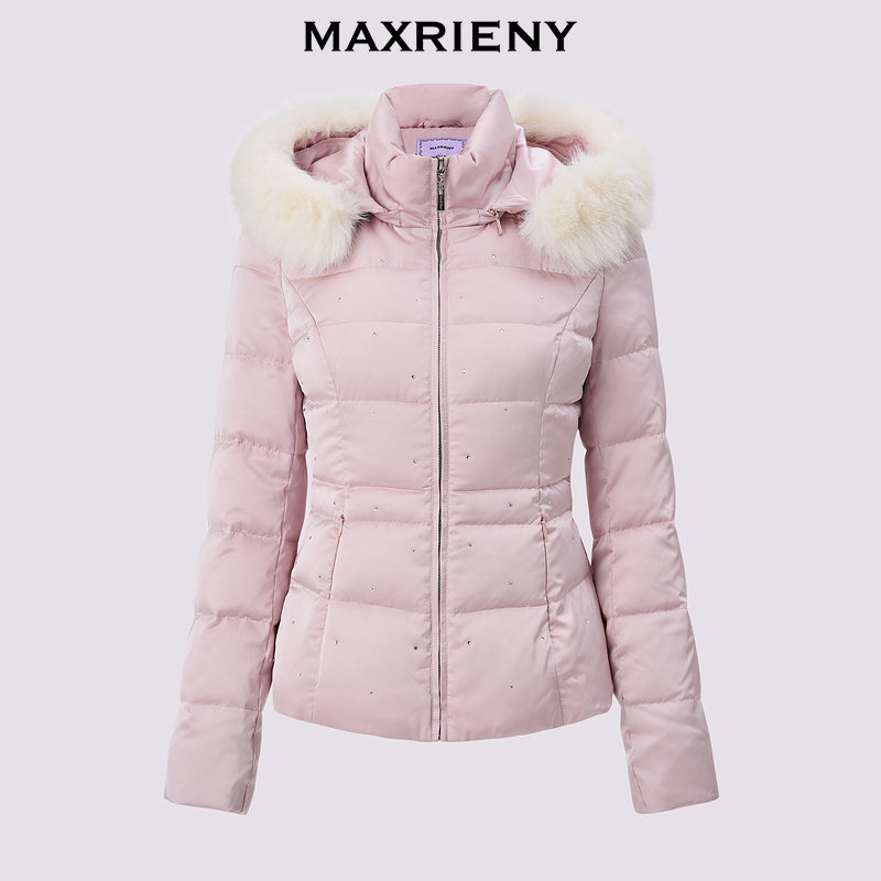 MAXRIENY精致优雅感羽绒服24冬新款毛领装饰收腰连帽保暖外套女