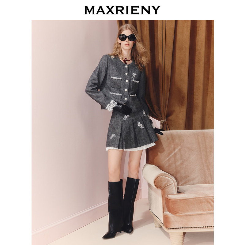 MAXRIENY格雷系穿搭羊毛外套学院风半裙两件套小香风灰色气质套装,淘宝优惠券,粉丝福利购,淘宝优惠卷