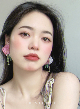 花荣碧石 原创多巴胺玫红色花朵夸张绝美耳环绿色玉石耳饰耳夹女