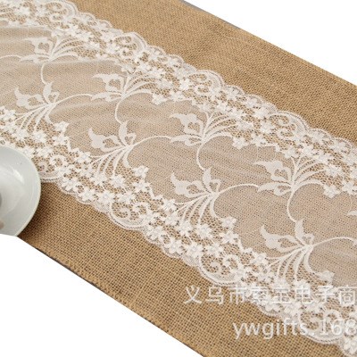 Linen table flag lace cloth Christmas黄麻布桌旗蕾丝桌布装饰 - 图1