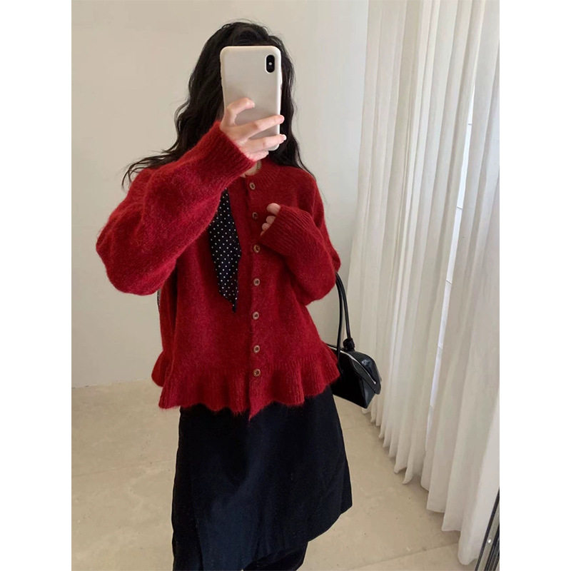 园园美衣圆领毛衣开衫女秋冬2026新款宽松木耳边下摆软糯针织上衣 - 图2