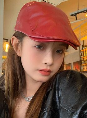 红色复古皮质前进帽女韩