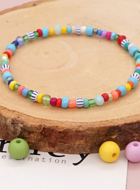 新款简约手链彩色波西米亚民族风女弹力彩色米珠文艺手链女生闺蜜